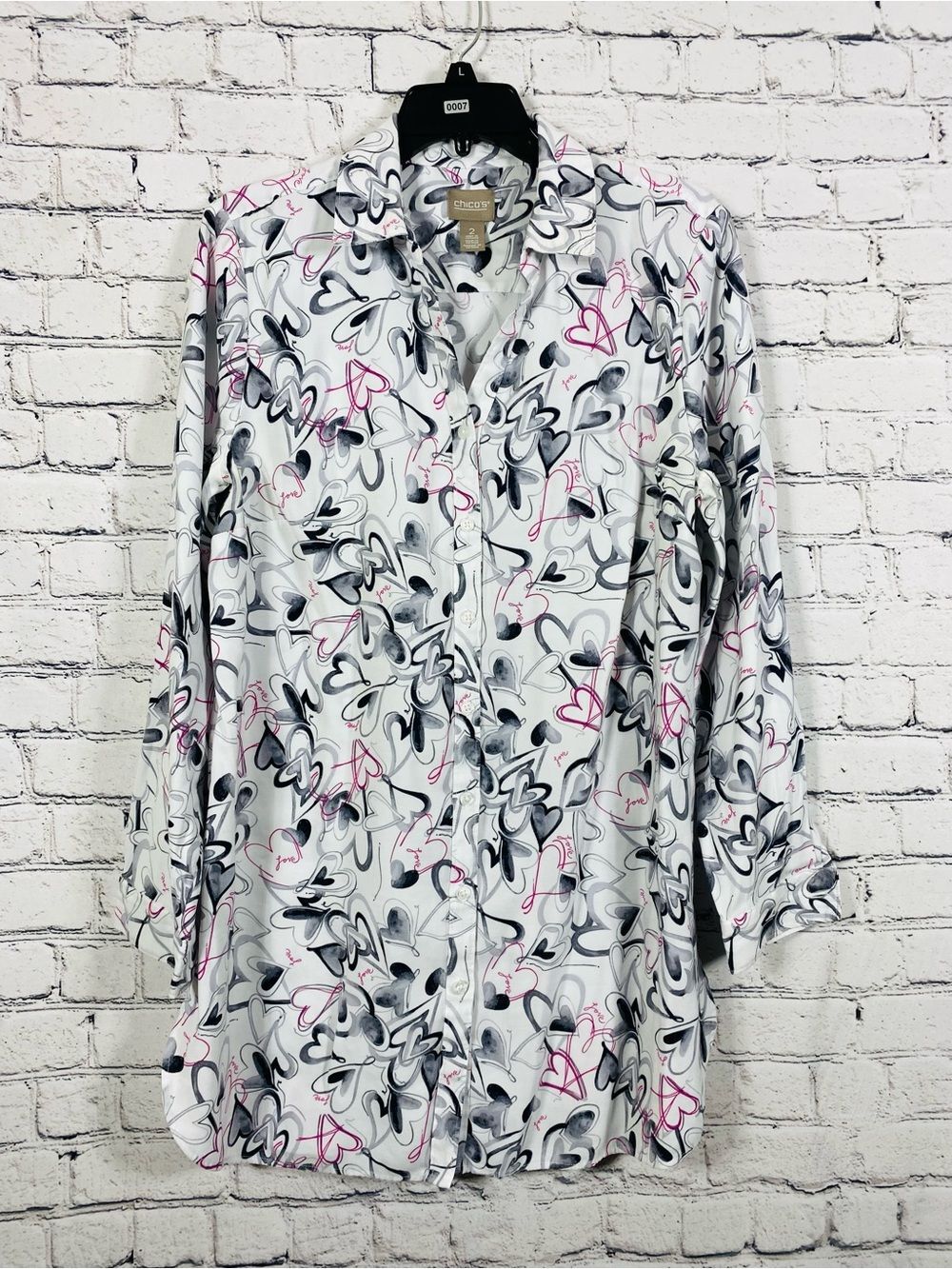 Chico’s  Size 2 Heart Print Button Front Blouse White Gray Pink Love Shirt Tunic